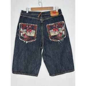 RMC Red Monkey Shorts Mens Black Baggy Y2K Hip Hop Style Dark Wash Stretch 32 W